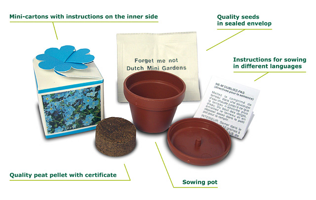 What's inside the box? mini-cartons with instructions on the inner side; Quality seeds in sealed envelop, instructions in different lagnuages for usage, certified high quality peat pellet and sowing pot